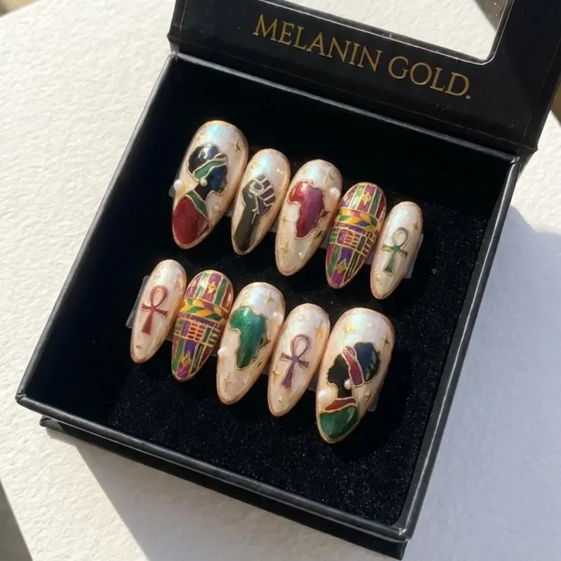 ankh kente design, kente press on nails, press on nails, custom press on nails, fake nails, Nails Art, stained glass nails, gold press on nails, 3d press on nails, luxury press on nails, handmade press on nails