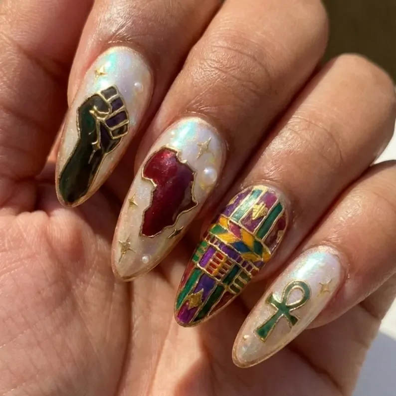 ankh nail art, African inspired nails, press on nails, custom press on nails, fake nails, Nails Art, stained glass nails, gold press on nails, 3d press on nails, luxury press on nails, handmade press on nails