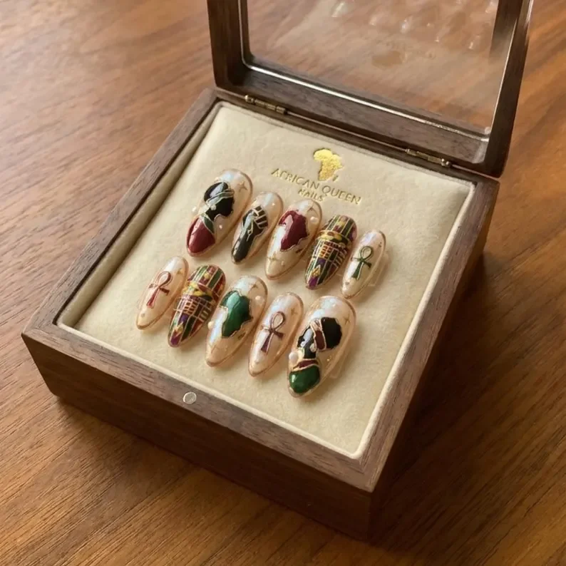 ankh kente design, kente press on nails, press on nails, custom press on nails, fake nails, Nails Art, stained glass nails, gold press on nails, 3d press on nails, luxury press on nails, handmade press on nails