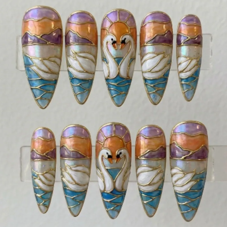 swan lake press on, gold outline nails, press on nails, custom press on nails, fake nails, Nails Art, stained glass nails, gold press on nails, 3d press on nails, luxury press on nails, handmade press on nails