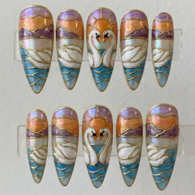 handpainted sunset nails, stained glass swan, press on nails, custom press on nails, fake nails, Nails Art, stained glass nails, gold press on nails, 3d press on nails, luxury press on nails, handmade press on nails