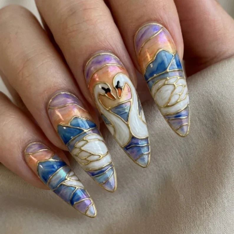 swan lake press on, gold outline nails, press on nails, custom press on nails, fake nails, Nails Art, stained glass nails, gold press on nails, 3d press on nails, luxury press on nails, handmade press on nails