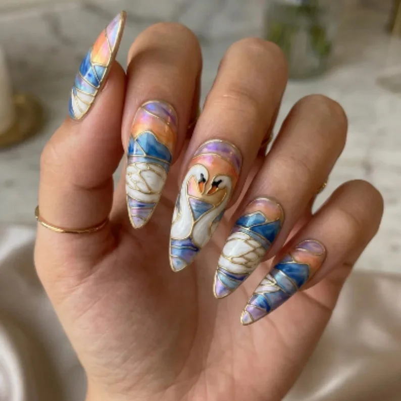 romantic nature art, stained glass nail art, press on nails, custom press on nails, fake nails, Nails Art, stained glass nails, gold press on nails, 3d press on nails, luxury press on nails, handmade press on nails