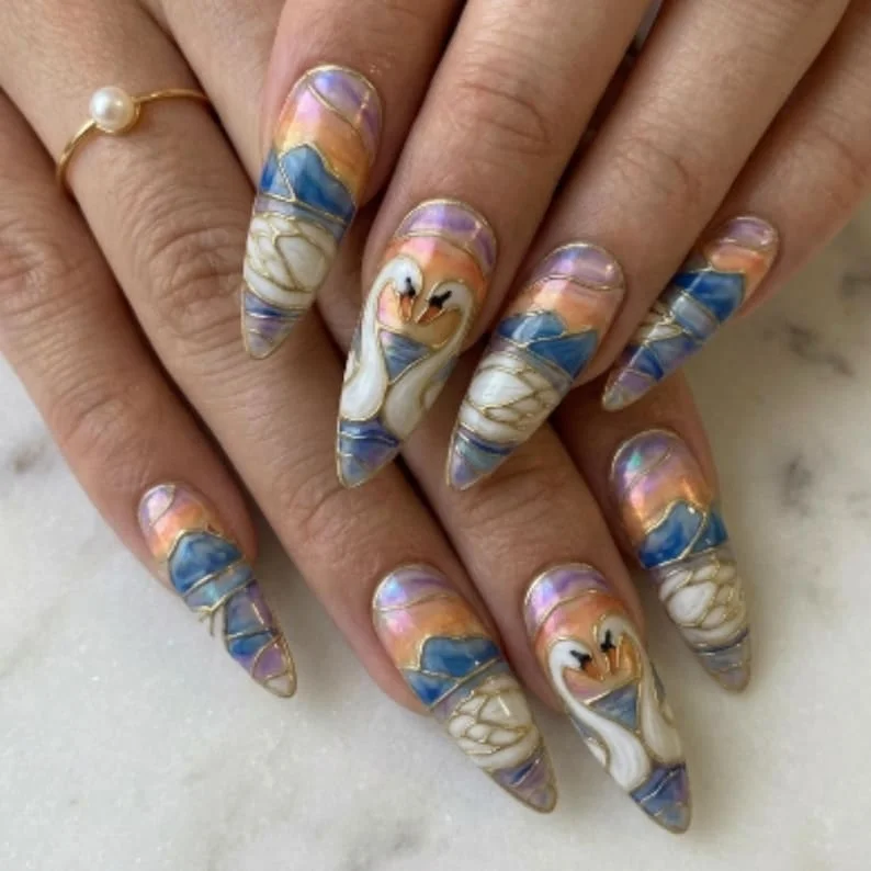 press on nails, sunset gradient nails, custom press on nails, fake nails, Nails Art, stained glass nails, gold press on nails, 3d press on nails, luxury press on nails, handmade press on nails