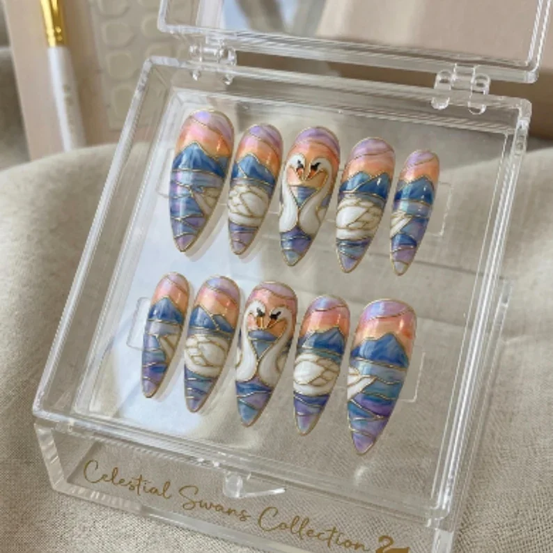 handpainted sunset nails, stained glass swan, press on nails, custom press on nails, fake nails, Nails Art, stained glass nails, gold press on nails, 3d press on nails, luxury press on nails, handmade press on nails