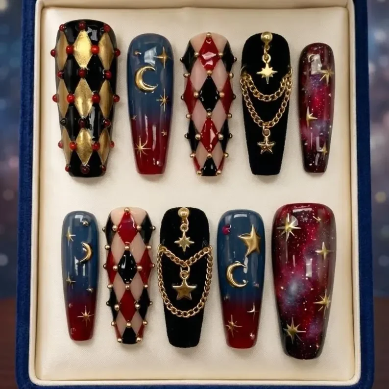 Harlequin press-on nails, Celestial gothic nails, press on nails, custom press on nails, fake nails, Nails Art, stained glass nails, gold press on nails, 3d press on nails, luxury press on nails, handmade press on nails