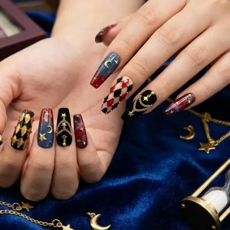Harlequin nail set, Celestial nail set, press on nails, custom press on nails, fake nails, Nails Art, stained glass nails, gold press on nails, 3d press on nails, luxury press on nails, handmade press on nails