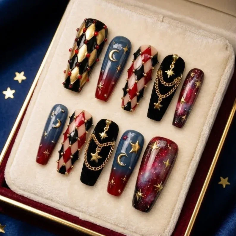 Press-on nail kit, Gothic nail design, press on nails, custom press on nails, fake nails, Nails Art, stained glass nails, gold press on nails, 3d press on nails, luxury press on nails, handmade press on nails