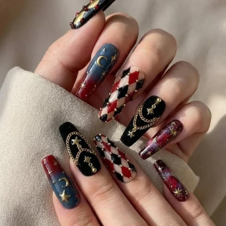 Harlequin press-on nails, Celestial gothic nails, press on nails, custom press on nails, fake nails, Nails Art, stained glass nails, gold press on nails, 3d press on nails, luxury press on nails, handmade press on nails