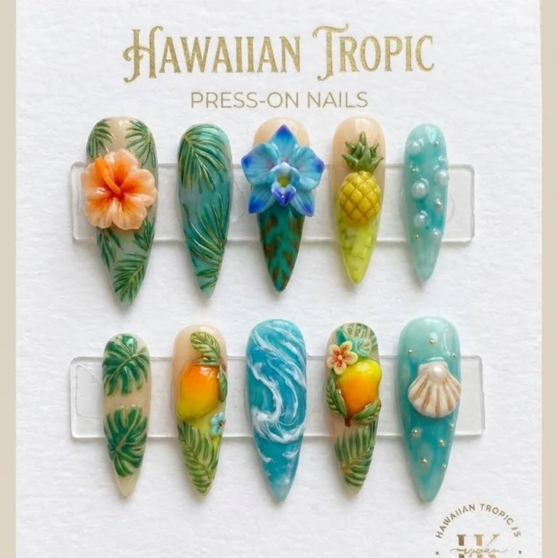 Tropical pineapple, Hibiscus nail art, press on nails, custom press on nails, fake nails, Nails Art, stained glass nails, gold press on nails, 3d press on nails, luxury press on nails, handmade press on nails