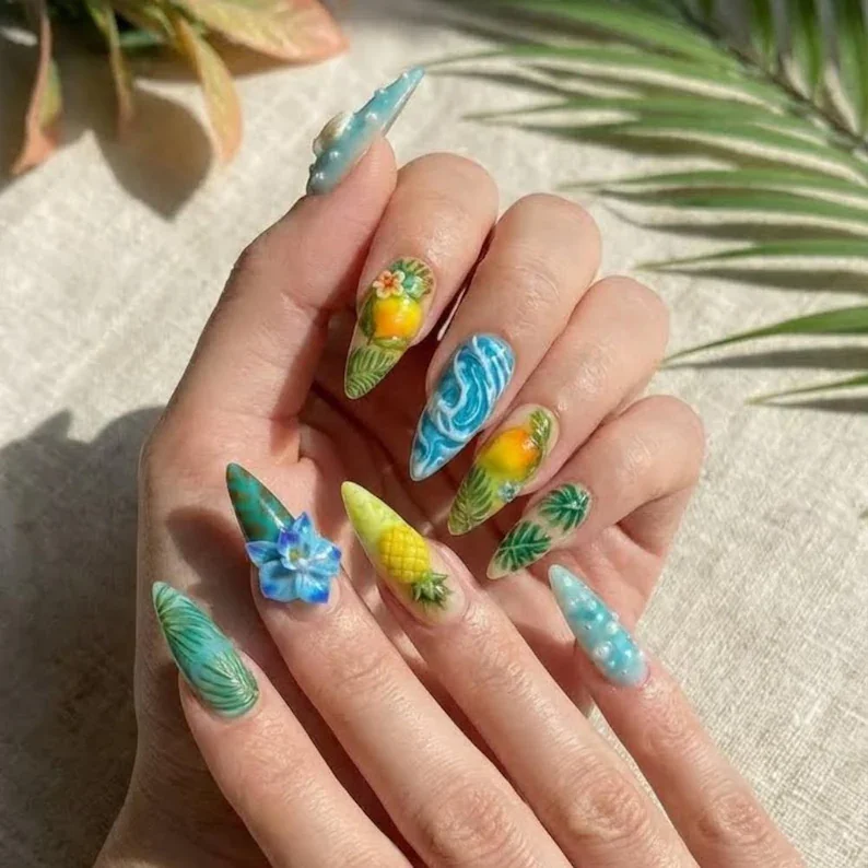Tropical pineapple, Hibiscus nail art, press on nails, custom press on nails, fake nails, Nails Art, stained glass nails, gold press on nails, 3d press on nails, luxury press on nails, handmade press on nails