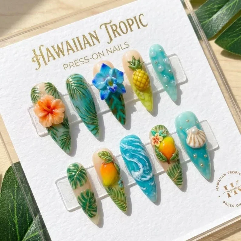 Vacation summer, Hawaiian summer nails, press on nails, custom press on nails, fake nails, Nails Art, stained glass nails, gold press on nails, 3d press on nails, luxury press on nails, handmade press on nails