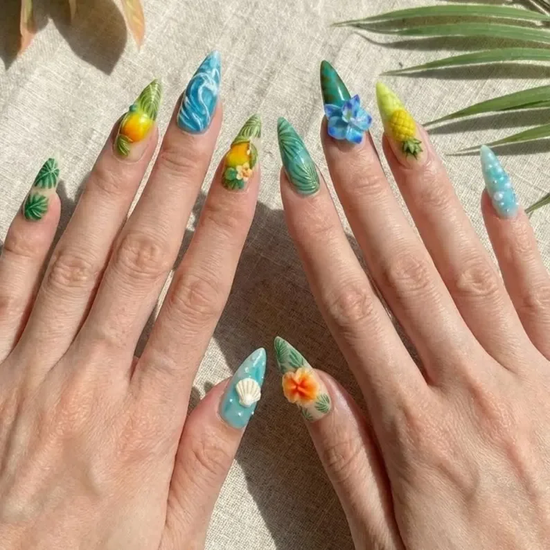 Pineapple hibiscus, Press on nails, press on nails, custom press on nails, fake nails, Nails Art, stained glass nails, gold press on nails, 3d press on nails, luxury press on nails, handmade press on nails