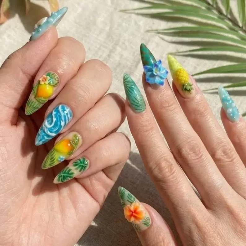 Hawaiian Tropic, 3D press on, press on nails, custom press on nails, fake nails, Nails Art, stained glass nails, gold press on nails, 3d press on nails, luxury press on nails, handmade press on nails
