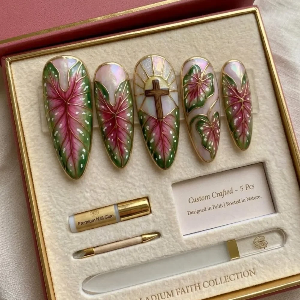Botanical cross, Custom nails, press on nails, custom press on nails, fake nails, Nails Art, stained glass nails, gold press on nails, 3d press on nails, luxury press on nails, handmade press on nails