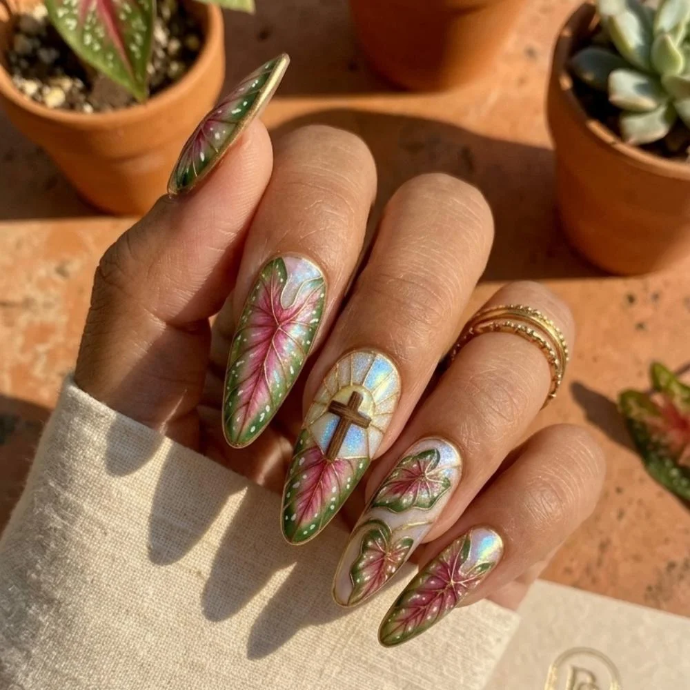 Jesus nails, Caladium botanical, press on nails, custom press on nails, fake nails, Nails Art, stained glass nails, gold press on nails, 3d press on nails, luxury press on nails, handmade press on nails