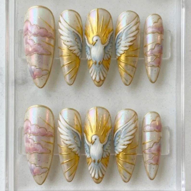 Heavenly Cloud 3D, Gold Chrome Dove, press on nails, custom press on nails, fake nails, Nails Art, stained glass nails, gold press on nails, 3d press on nails, luxury press on nails, handmade press on nails