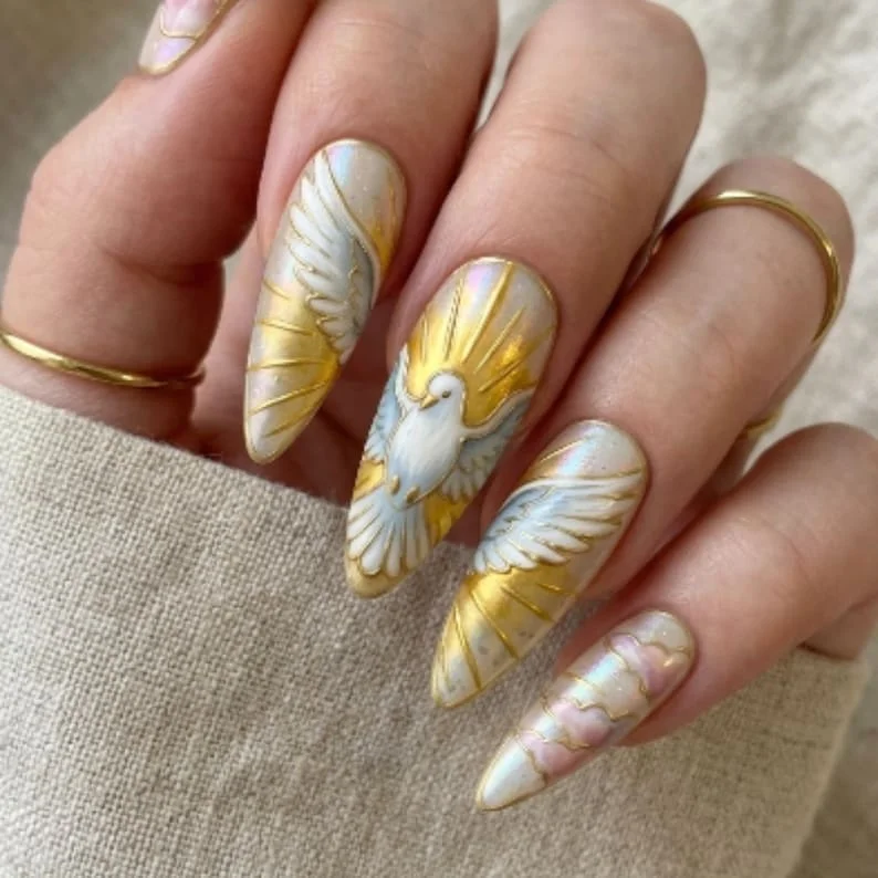 Dove of Peace, Press On Nails, press on nails, custom press on nails, fake nails, Nails Art, stained glass nails, gold press on nails, 3d press on nails, luxury press on nails, handmade press on nails