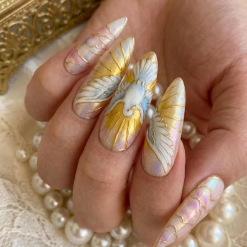 Angelcore Nail Art, Religious Nail Art, press on nails, custom press on nails, fake nails, Nails Art, stained glass nails, gold press on nails, 3d press on nails, luxury press on nails, handmade press on nails