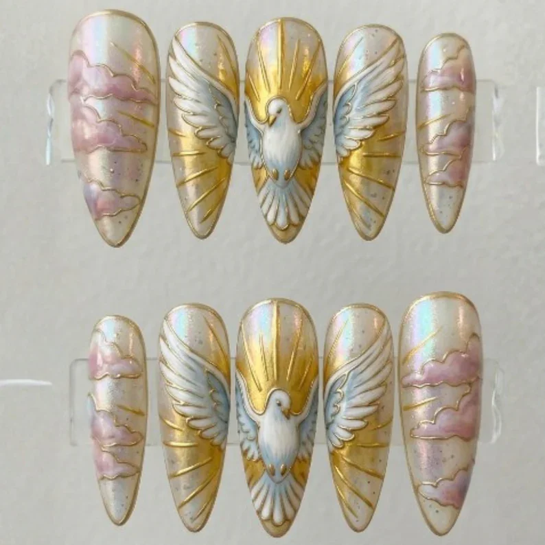 Heavenly Cloud 3D, Gold Chrome Dove, press on nails, custom press on nails, fake nails, Nails Art, stained glass nails, gold press on nails, 3d press on nails, luxury press on nails, handmade press on nails