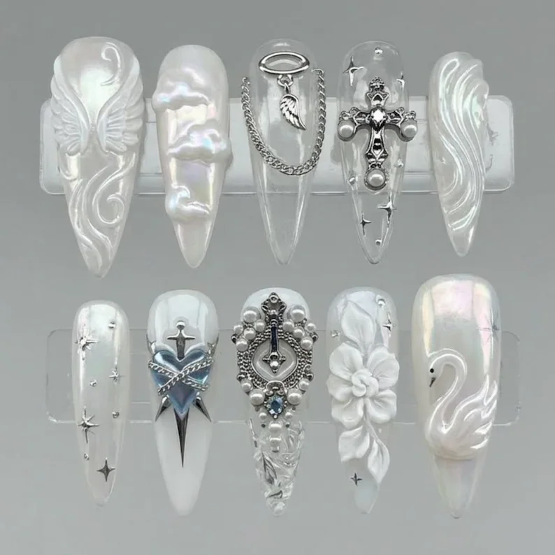 3D angelic press on nails, sculpted flower design, press on nails, custom press on nails, fake nails, Nails Art, stained glass nails, gold press on nails, 3d press on nails, luxury press on nails, handmade press on nails
