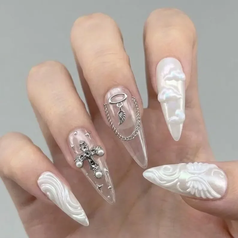 3D angelic press on nails, sculpted flower design, press on nails, custom press on nails, fake nails, Nails Art, stained glass nails, gold press on nails, 3d press on nails, luxury press on nails, handmade press on nails