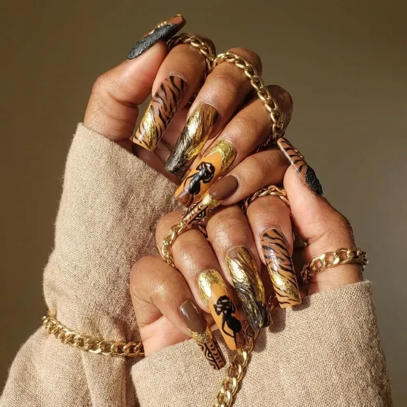 Melanin Magic, Gold Black Nails, press on nails, custom press on nails, fake nails, Nails Art, stained glass nails, gold press on nails, 3d press on nails, luxury press on nails, handmade press on nails