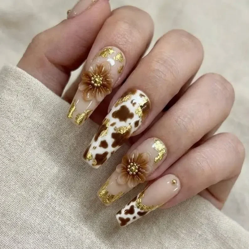 Press-On Nails, 3D Brown Flower, press on nails, custom press on nails, fake nails, Nails Art, stained glass nails, gold press on nails, 3d press on nails, luxury press on nails, handmade press on nails