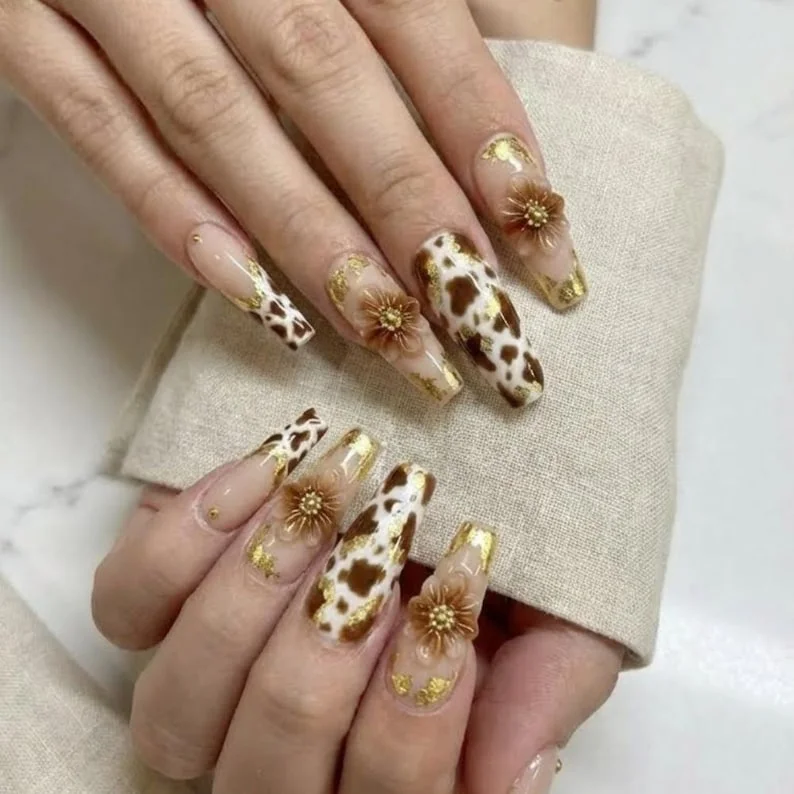 Gold Foil Nails, Cow Print Nails, press on nails, custom press on nails, fake nails, Nails Art, stained glass nails, gold press on nails, 3d press on nails, luxury press on nails, handmade press on nails