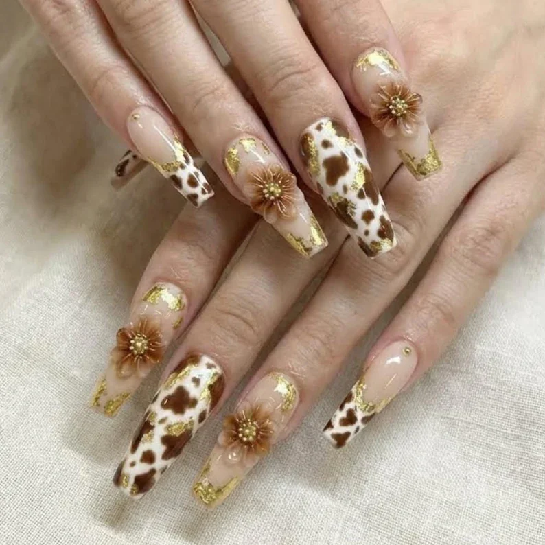Highland Heifer, Glam Cow Print, press on nails, custom press on nails, fake nails, Nails Art, stained glass nails, gold press on nails, 3d press on nails, luxury press on nails, handmade press on nails