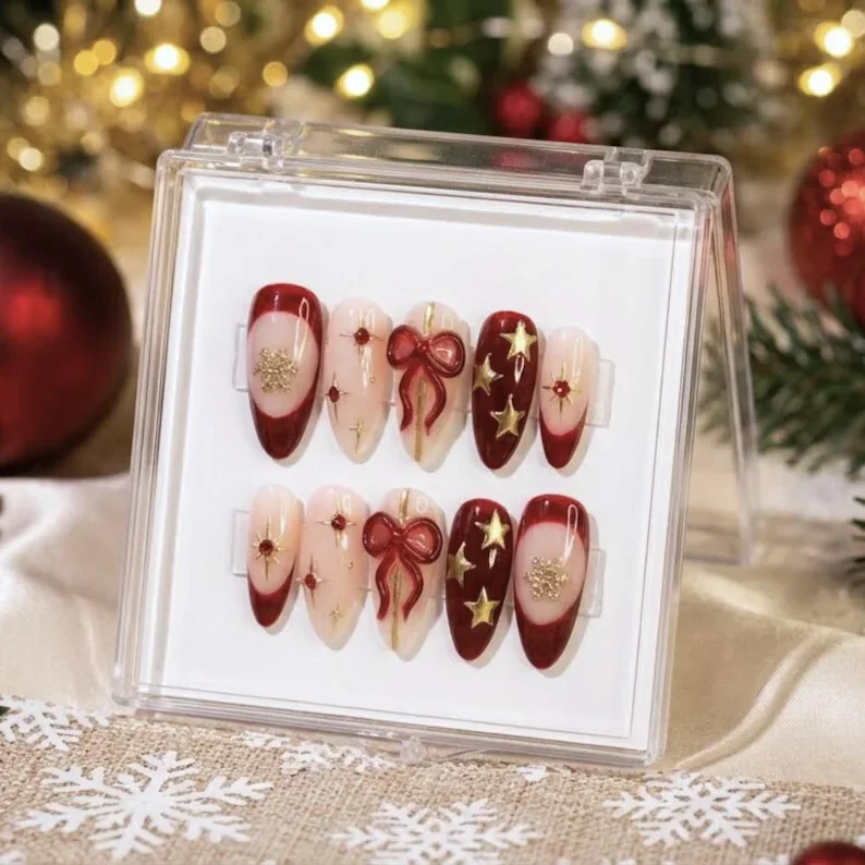 holiday coquette nails, press-on nails, press on nails, custom press on nails, fake nails, Nails Art, stained glass nails, gold press on nails, 3d press on nails, luxury press on nails, handmade press on nails