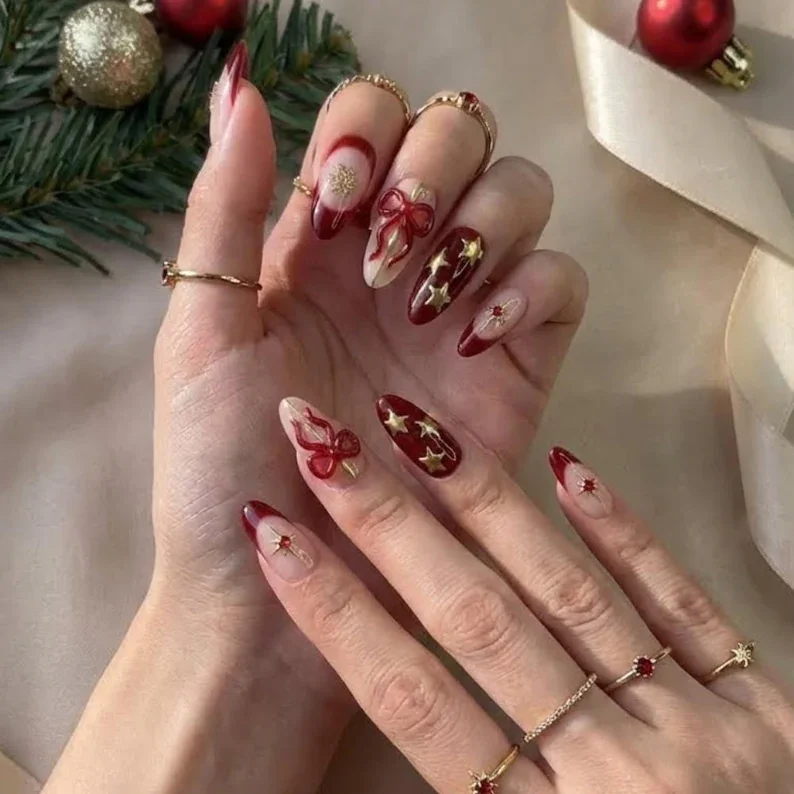 burgundy nails, gold accent nails, press on nails, custom press on nails, fake nails, Nails Art, stained glass nails, gold press on nails, 3d press on nails, luxury press on nails, handmade press on nails