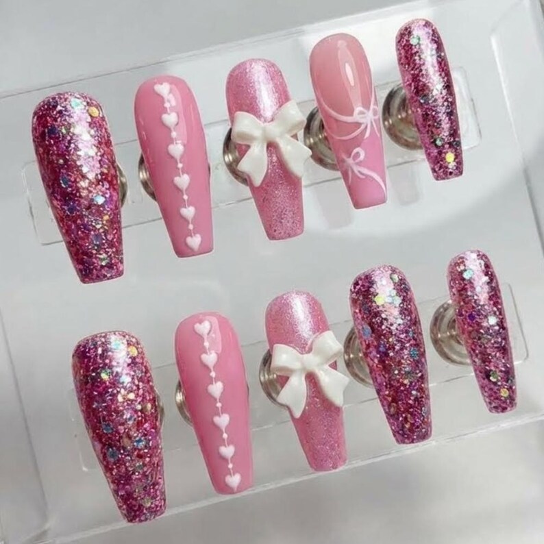 3D bow nails, heart glitter, press on nails, custom press on nails, fake nails, Nails Art, stained glass nails, gold press on nails, 3d press on nails, luxury press on nails, handmade press on nails