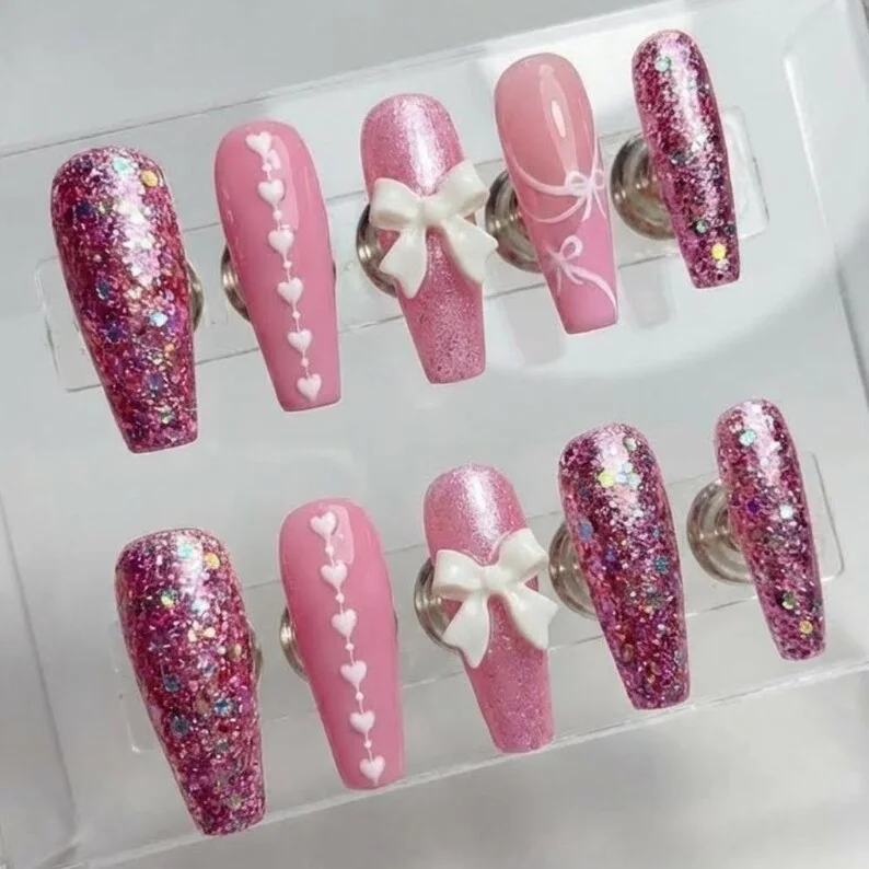 holo pink nails, fantasy press on, press on nails, custom press on nails, fake nails, Nails Art, stained glass nails, gold press on nails, 3d press on nails, luxury press on nails, handmade press on nails