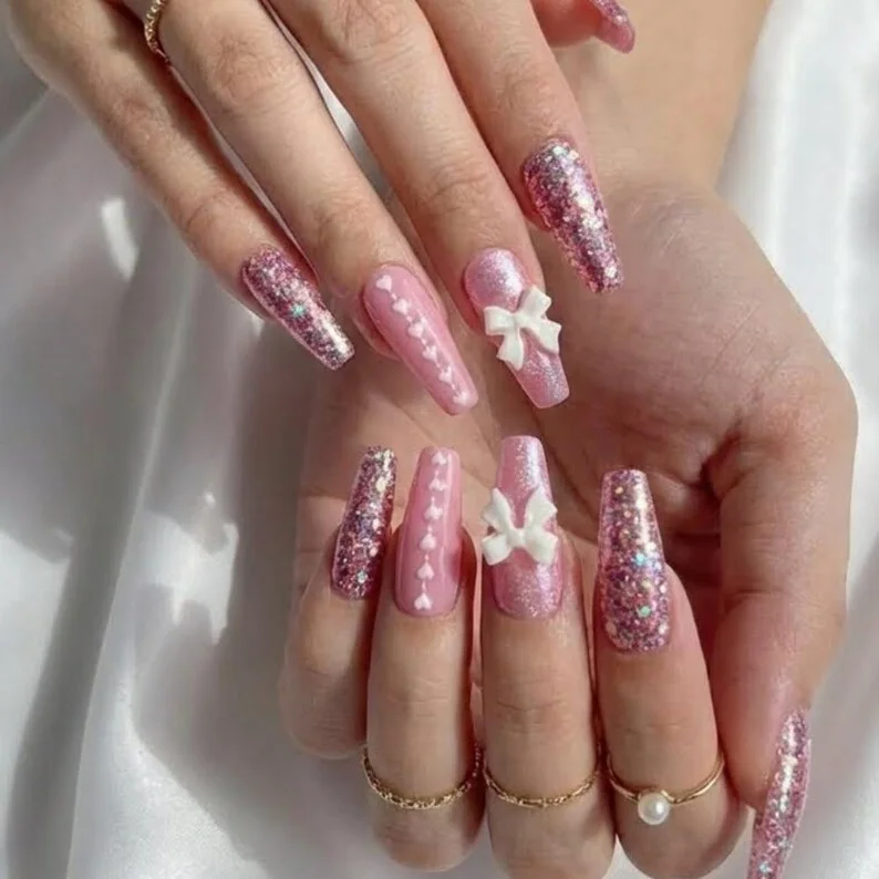 3D bow nails, heart glitter, press on nails, custom press on nails, fake nails, Nails Art, stained glass nails, gold press on nails, 3d press on nails, luxury press on nails, handmade press on nails