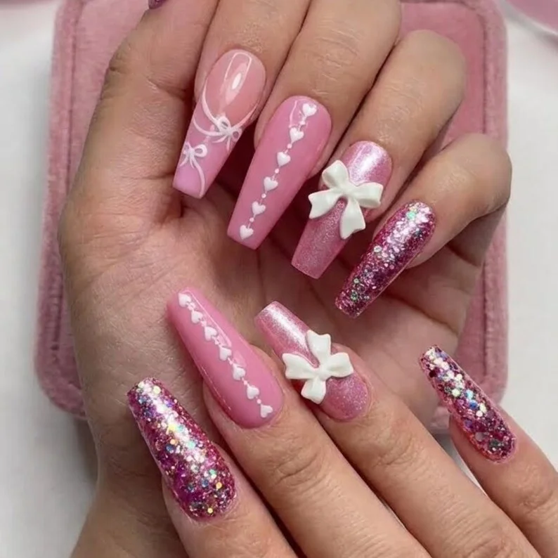 holographic nails, bow heart design, press on nails, custom press on nails, fake nails, Nails Art, stained glass nails, gold press on nails, 3d press on nails, luxury press on nails, handmade press on nails
