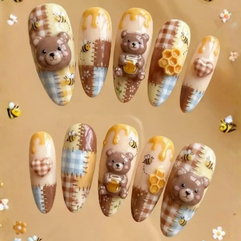 press on nails, kawaii bumblebee, custom press on nails, fake nails, Nails Art, stained glass nails, gold press on nails, 3d press on nails, luxury press on nails, handmade press on nails