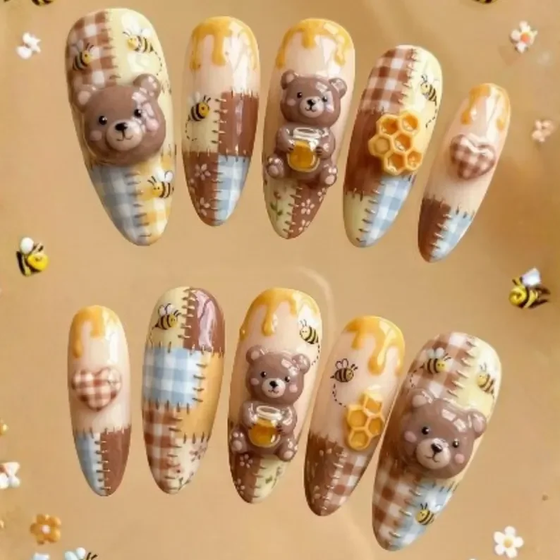 honey bear patchwork, 3D hand painted, press on nails, custom press on nails, fake nails, Nails Art, stained glass nails, gold press on nails, 3d press on nails, luxury press on nails, handmade press on nails