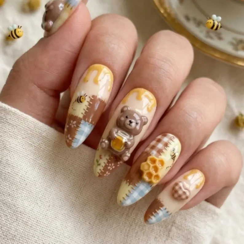 press on nails, kawaii bumblebee, custom press on nails, fake nails, Nails Art, stained glass nails, gold press on nails, 3d press on nails, luxury press on nails, handmade press on nails