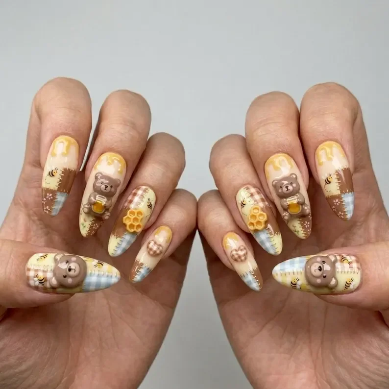 bumblebee honey, patchwork nails, press on nails, custom press on nails, fake nails, Nails Art, stained glass nails, gold press on nails, 3d press on nails, luxury press on nails, handmade press on nails