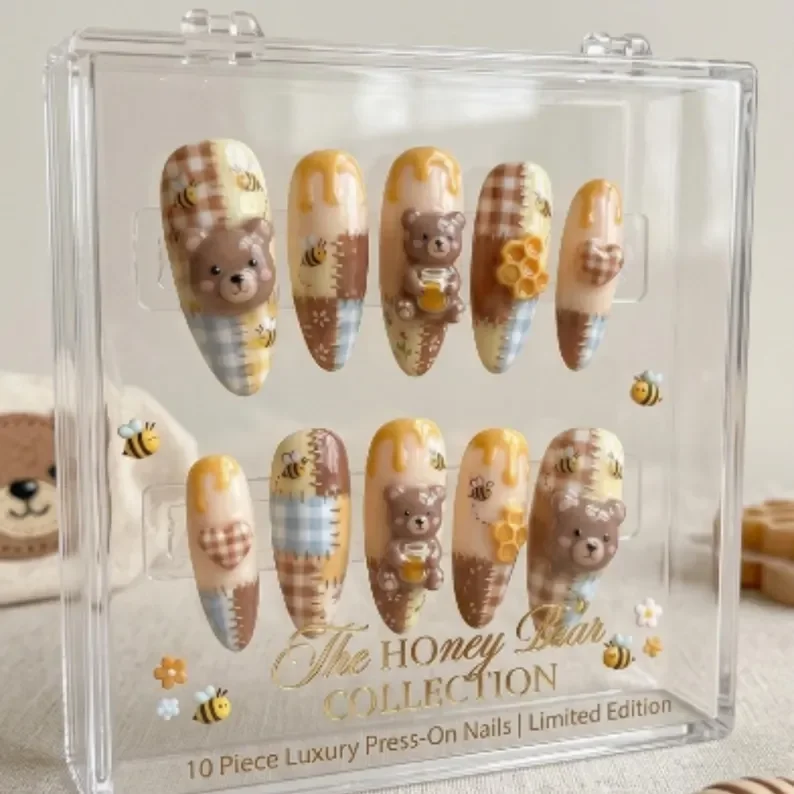 honey bear patchwork, 3D hand painted, press on nails, custom press on nails, fake nails, Nails Art, stained glass nails, gold press on nails, 3d press on nails, luxury press on nails, handmade press on nails