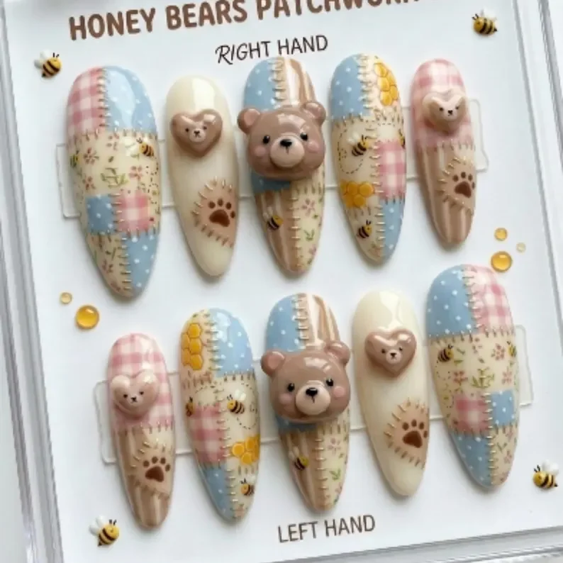honey bears patchwork, 3D hand painted, press on nails, custom press on nails, fake nails, Nails Art, stained glass nails, gold press on nails, 3d press on nails, luxury press on nails, handmade press on nails