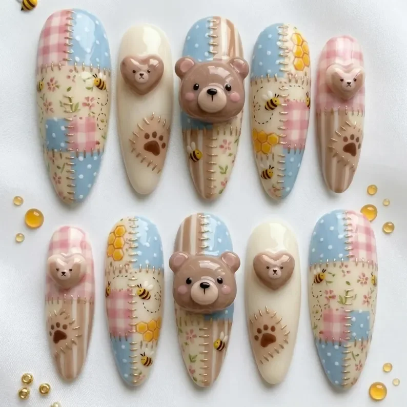 honey bears patchwork, 3D hand painted, press on nails, custom press on nails, fake nails, Nails Art, stained glass nails, gold press on nails, 3d press on nails, luxury press on nails, handmade press on nails