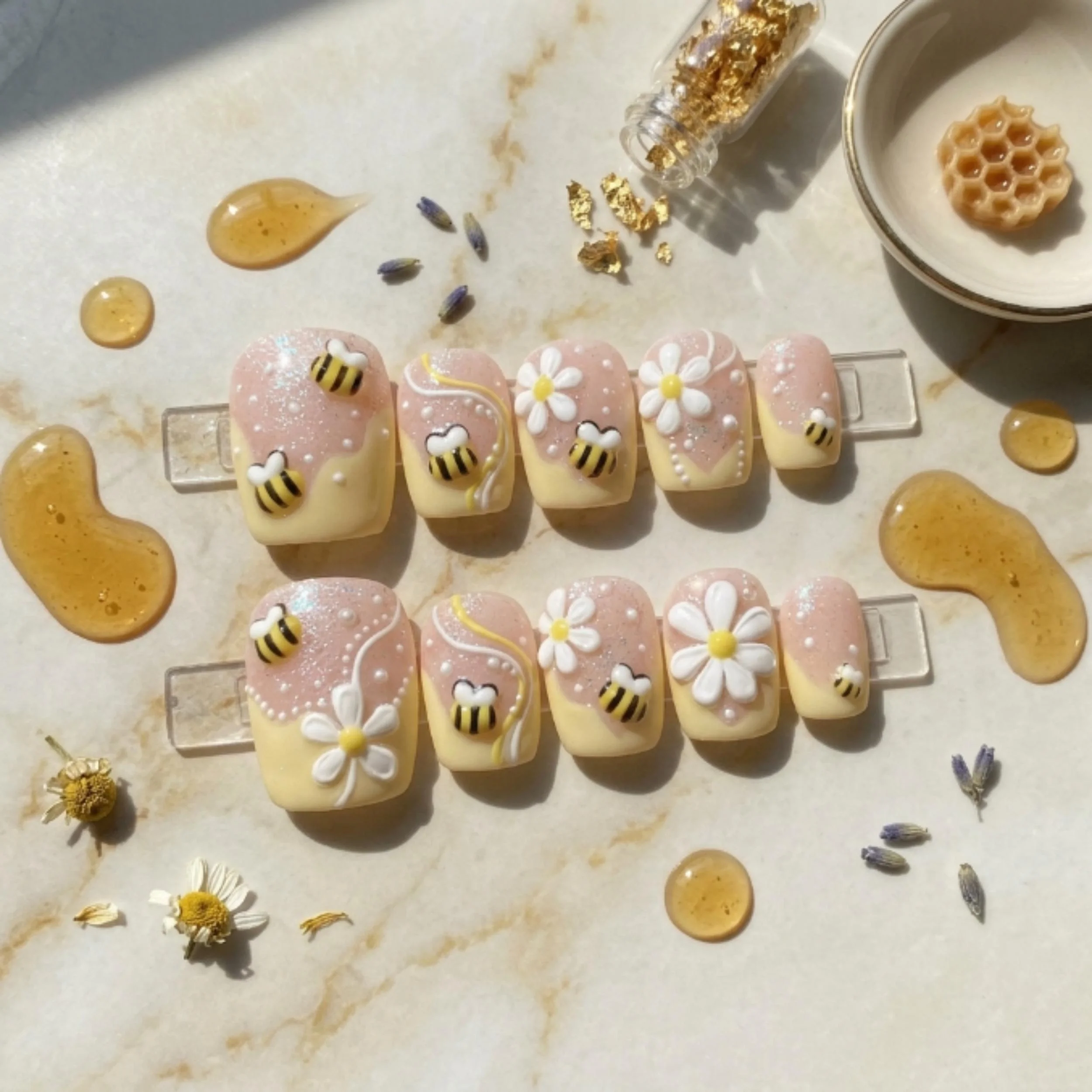 honey blossom, 3D bee, press on nails, custom press on nails, fake nails, Nails Art, stained glass nails, gold press on nails, 3d press on nails, luxury press on nails, handmade press on nails
