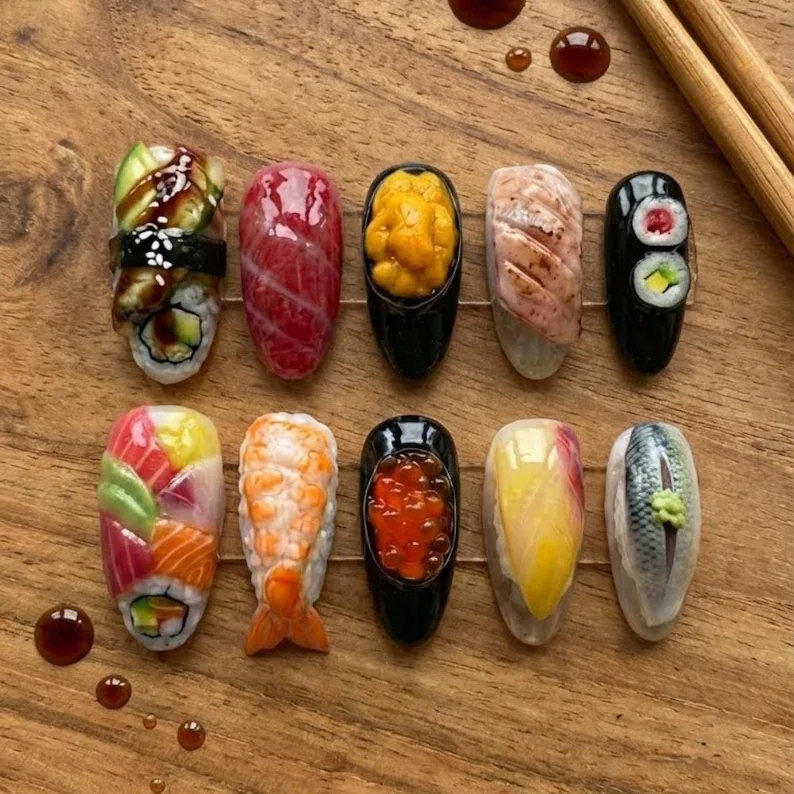 3D sushi nails, sushi press on, press on nails, custom press on nails, fake nails, Nails Art, stained glass nails, gold press on nails, 3d press on nails, luxury press on nails, handmade press on nails