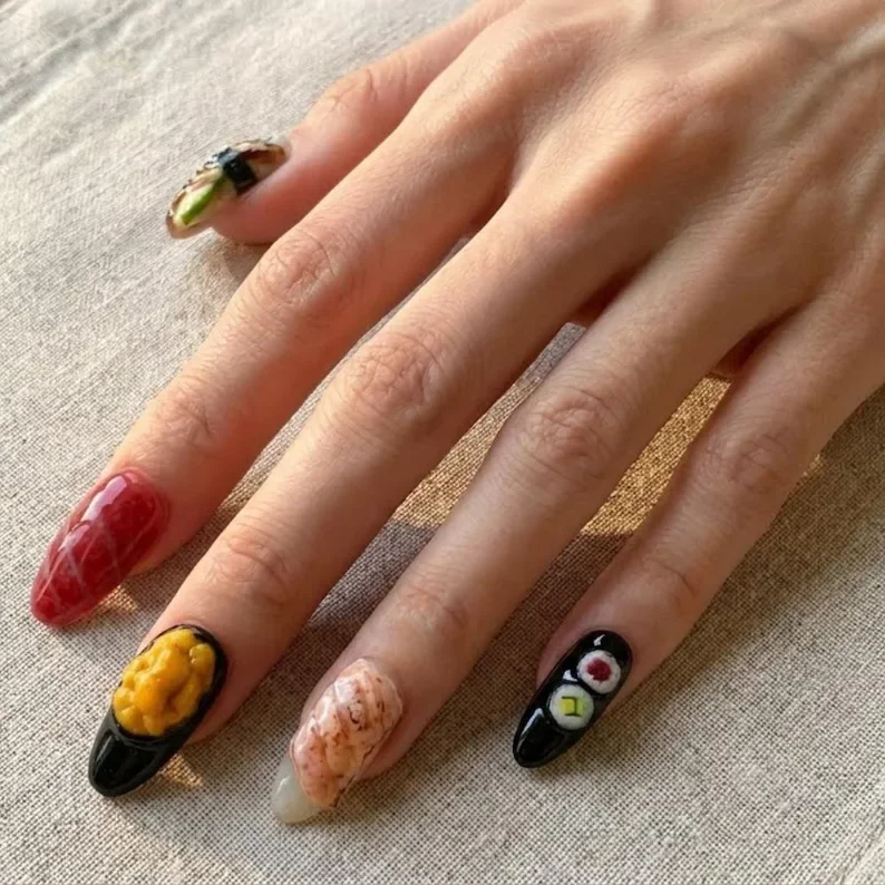 food nail art, press on nails, custom press on nails, fake nails, Nails Art, stained glass nails, gold press on nails, 3d press on nails, luxury press on nails, handmade press on nails
