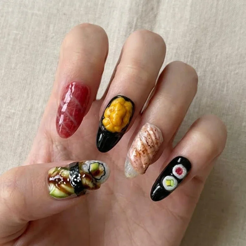 realistic 3D nails, 3D sushi nails, press on nails, custom press on nails, fake nails, Nails Art, stained glass nails, gold press on nails, 3d press on nails, luxury press on nails, handmade press on nails