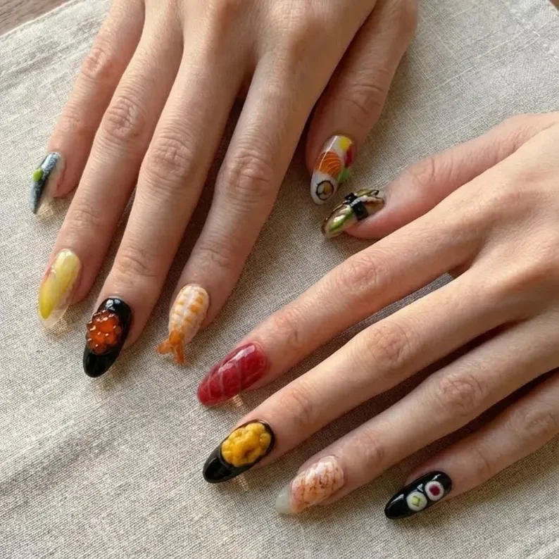 sushi press on, hyper realistic nails, press on nails, custom press on nails, fake nails, Nails Art, stained glass nails, gold press on nails, 3d press on nails, luxury press on nails, handmade press on nails
