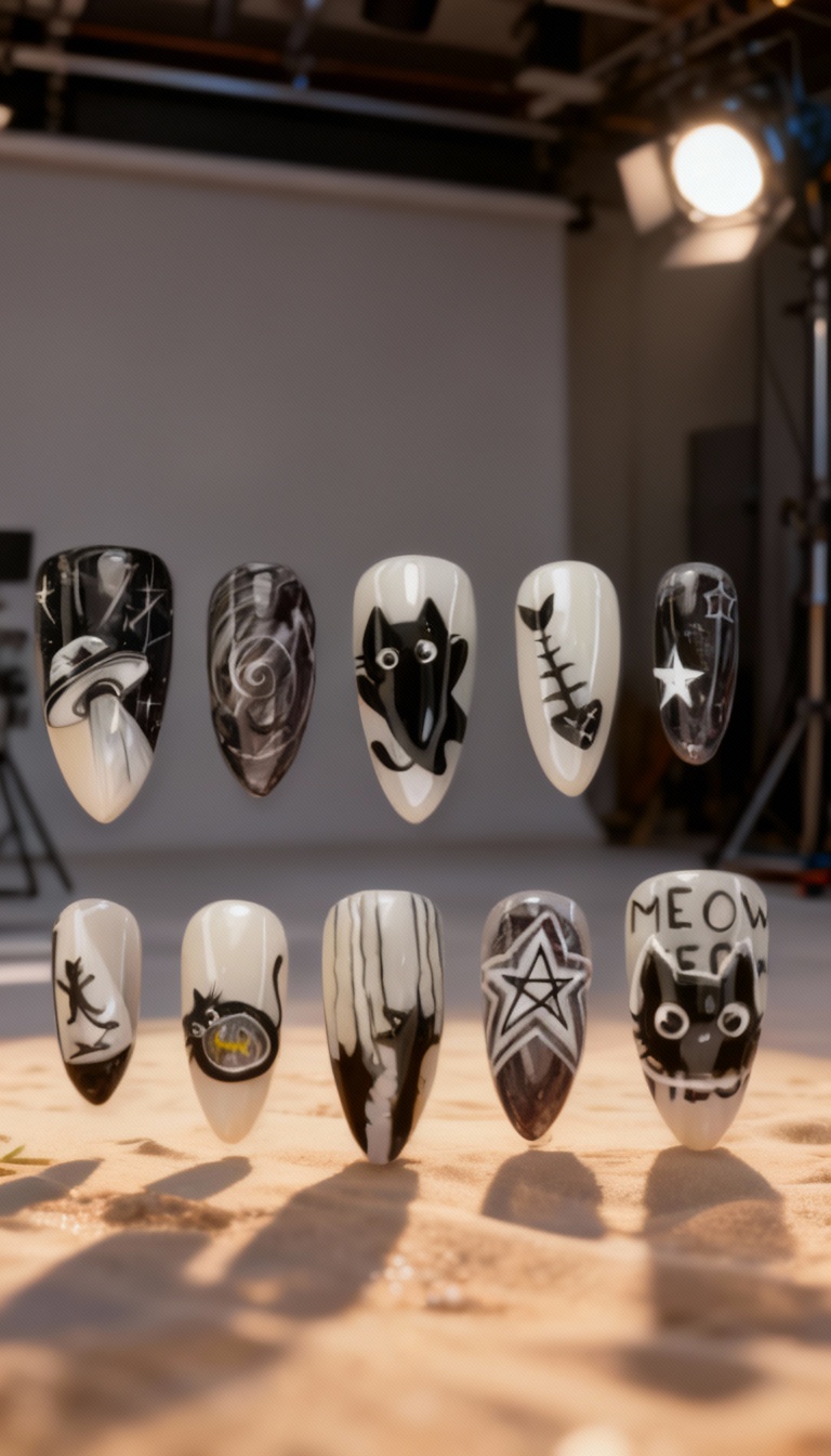 Mystic Black and White Cat Nail Art Set