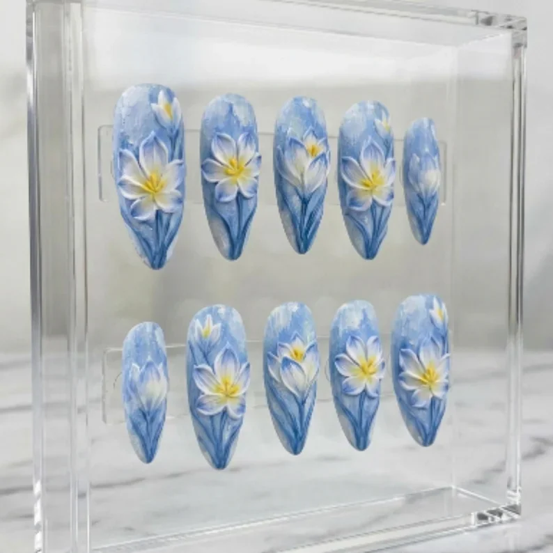 floral nail art, blue and white nails, press on nails, custom press on nails, fake nails, Nails Art, stained glass nails, gold press on nails, 3d press on nails, luxury press on nails, handmade press on nails